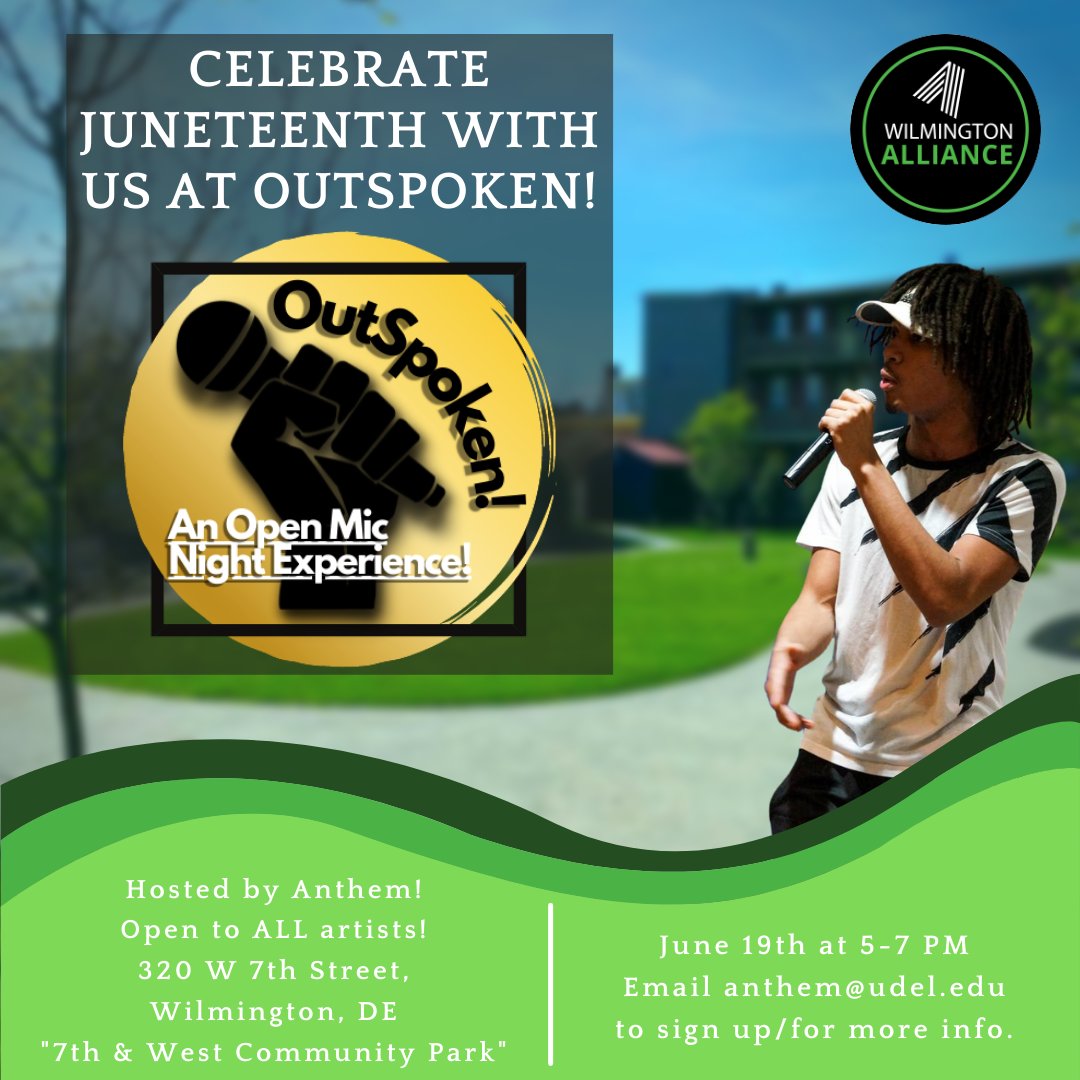 Join us TODAY for a community Spoken Word event, hosted by Poet, Artist, and Lyricist <a href="/chris_anthem777/">Anthem Nation</a>, to celebrate Juneteenth! This event welcomes all artists-- email anthem@udel.edu to sign up, or for more information. Come unleash your creative side!