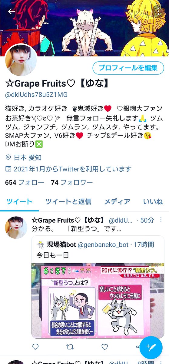 Grape Fruits ゆな A Twitter ナルシスト女子 好きなアニメ 銀魂 鬼滅 るろ剣 ワンピ 好きな映画 銀魂だけ 好きな 四字熟語 孤軍奮闘 女優 橋本環奈ちゃん 広瀬すずちゃん 俳優 反町隆史さん 好きなタイプ 強面な人 ギャップさ 自己紹介