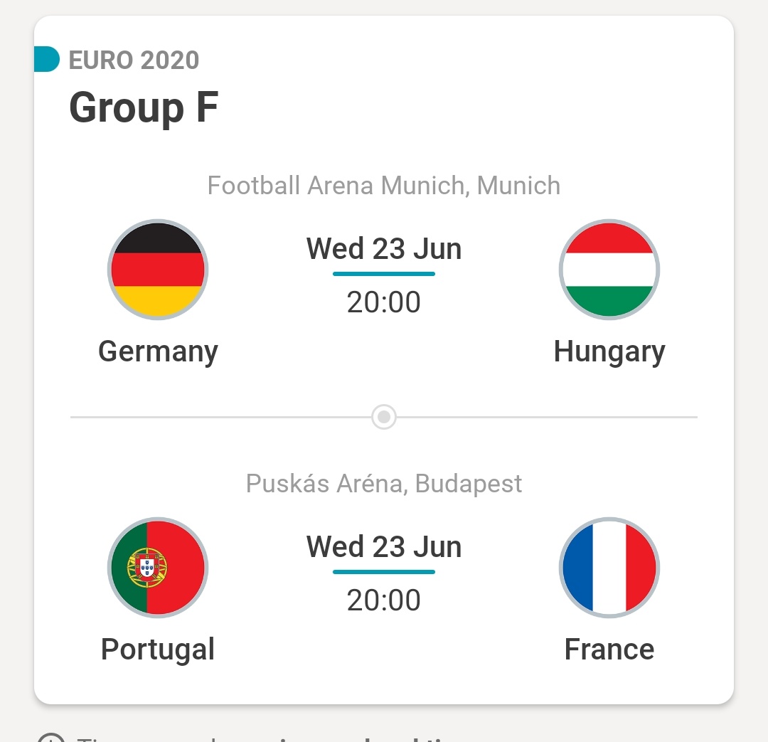 Real negative about the way Euro 2020 is scheduled. Budapest will host France v Portugal at the same time that Hungary are playing Germany in Munich. 🔴⚪🟢

#EURO2020 #HUN #HUNFRA #GERPOR