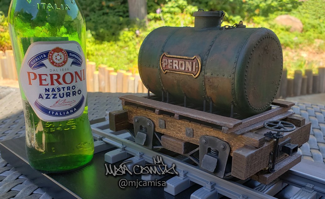 The whimsical scratch built #Peroni tank car is complete. (My favorite beer) I modeled and printed the tank along with other components. In addition there are two Ozark castings. This logo is probably 60 years ahead of the era of this car, but thats OK! 😆 1/20.3