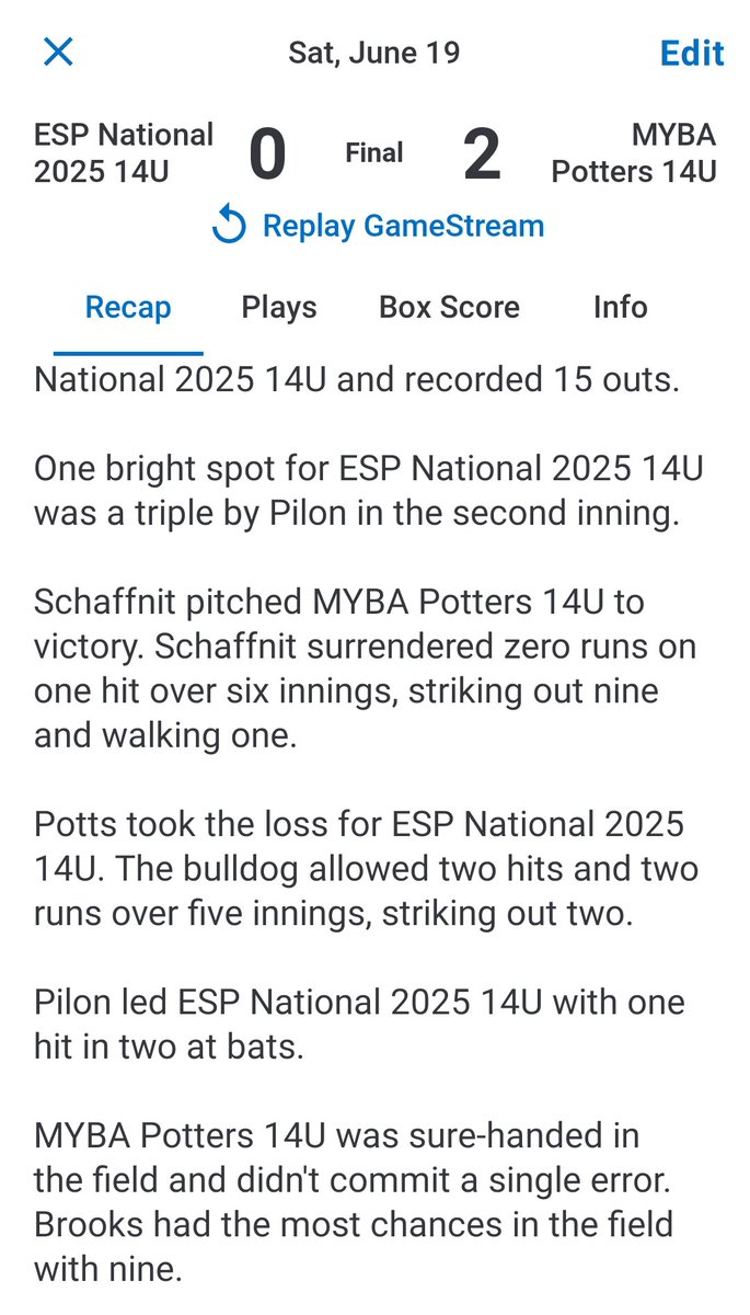ESP Select Baseball 2025 National (@esp2025national) on Twitter photo Another tight game...excellent pitching from both sides. 2 Es by <a href="/ESP2025National/">ESP Select Baseball 2025 National</a> turned out to be the difference. CG with no ER by BPotts! Throwing ๐ฅ. Also a ๐ฃtriple by <a href="/noahpil11/">Noah P</a>. On to brackets...
<a href="/TaddGibby24/">Tadd Gibson</a>
#ESPtrained Another tight game...excellent pitching from both sides. 2 Es by <a href="/ESP2025National/">ESP Select Baseball 2025 National</a> turned out to be the difference. CG with no ER by BPotts! Throwing ๐ฅ. Also a ๐ฃtriple by <a href="/noahpil11/">Noah P</a>. On to brackets...
<a href="/TaddGibby24/">Tadd Gibson</a>
#ESPtrained