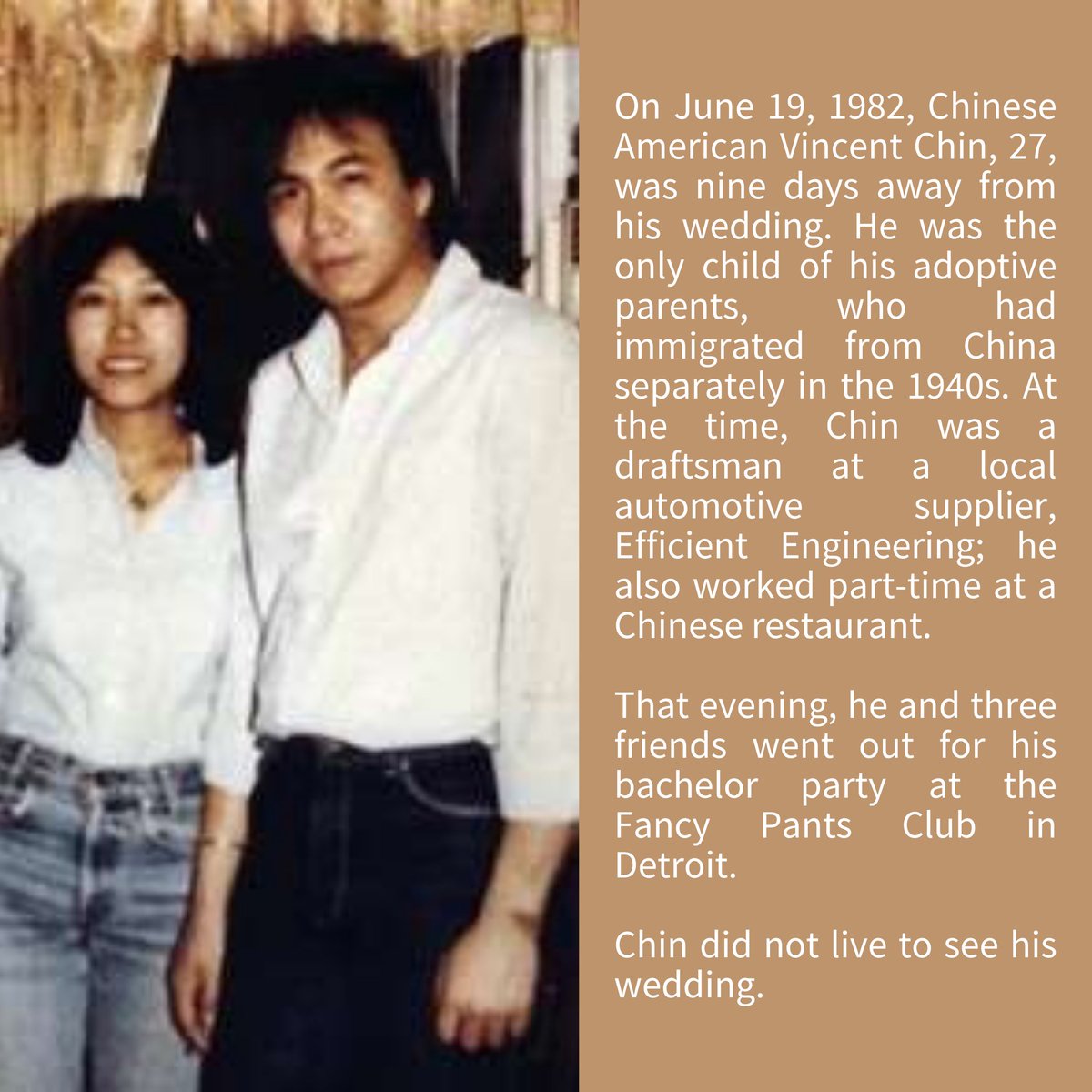 AsianWeekDB's tweet image. June 19, 1982, is a date that lives in infamy for the Asian American community. Chinese American Vincent Chin, 27, was brutally bludgeoned with a baseball bat by two white autoworkers in Detroit in a racially motivated attack.