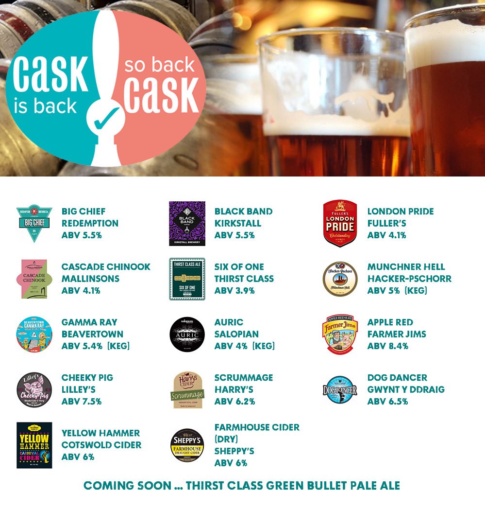 Open 5-10.30pm daily; From 2pm weekends. Don’t forget Cheese o’clock Sundays.
Beer Board: bit.ly/3gKHabo
#CaskIsBack @RedemptionBrew @kirkstallbrew @ThirstClassAle @SalopianBrewery #FarmerJimsCider @lilleyscider @harrys_cider @cotswoldciderco @SheppysCider
#RealAleFinder