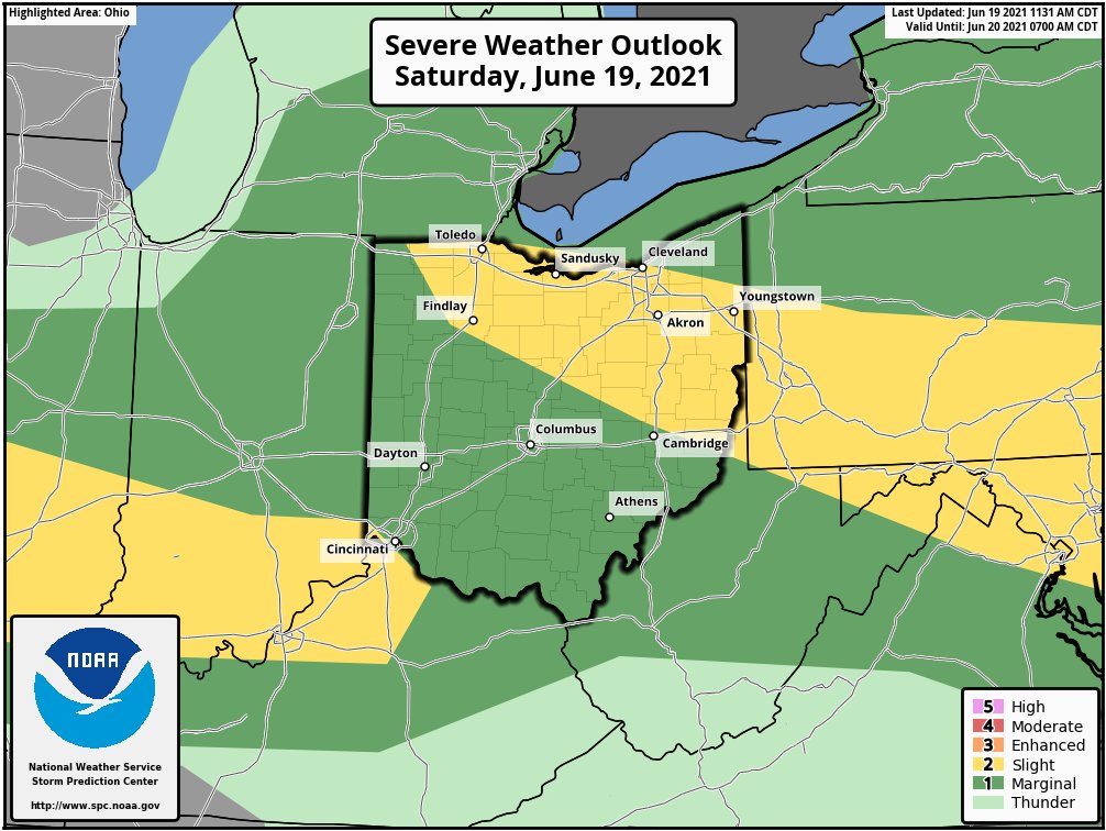 standridgewx's tweet image. New SPC Outlook for SAT afternoon / evening:  A slight (Level 2 out of 5) risk is in effect for much of northern Ohio. We're watching some clearing skies west of CLE which should help to destabilize the atmosphere as the right-entrance jet region positions over Ohio. @wkyc #OHwx