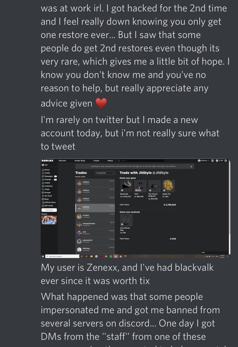 RoyaleDior's tweet photo. Hi all, my friend Zenexx has recently been sharked out of 3M+ value in limiteds, They had been cookie logged by clicking on an original image via discord &amp; I want to inform you all to NOT fall for any of these tricks!! I’m really hoping that roblox will be able to provide her- https://t.co/lKbGsNDHWm