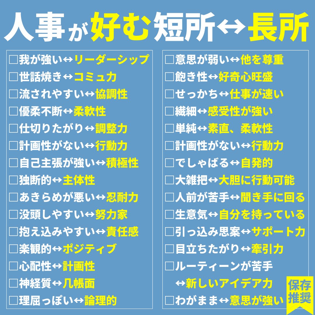 syosyaman1114's tweet photo. 人事が好む
短所⇄長所 https://t.co/5AQV3CxdCa