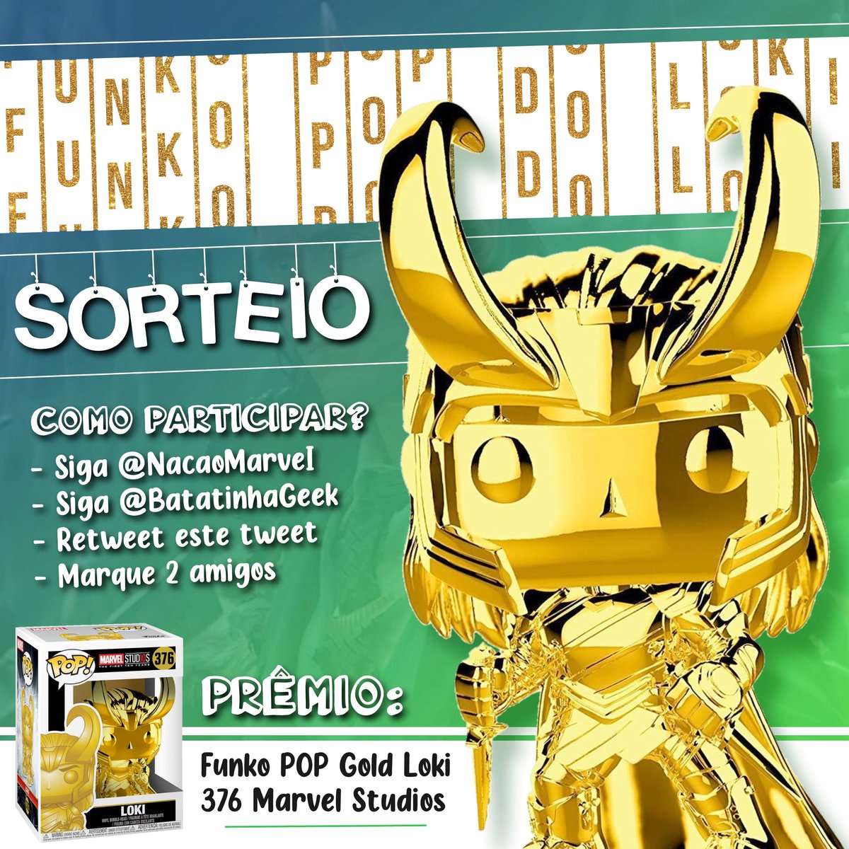 nacaomarvell's tweet image. SORTEIO: Funko POP - Loki Gold ✨

— Siga a @NacaoMarveI
— Siga a @BatatinhaGeek
— Dê RT neste tweet
— Marque 2 amigos nos comentários

O vencedor será revelado na finale de #Loki no dia 14 de Julho