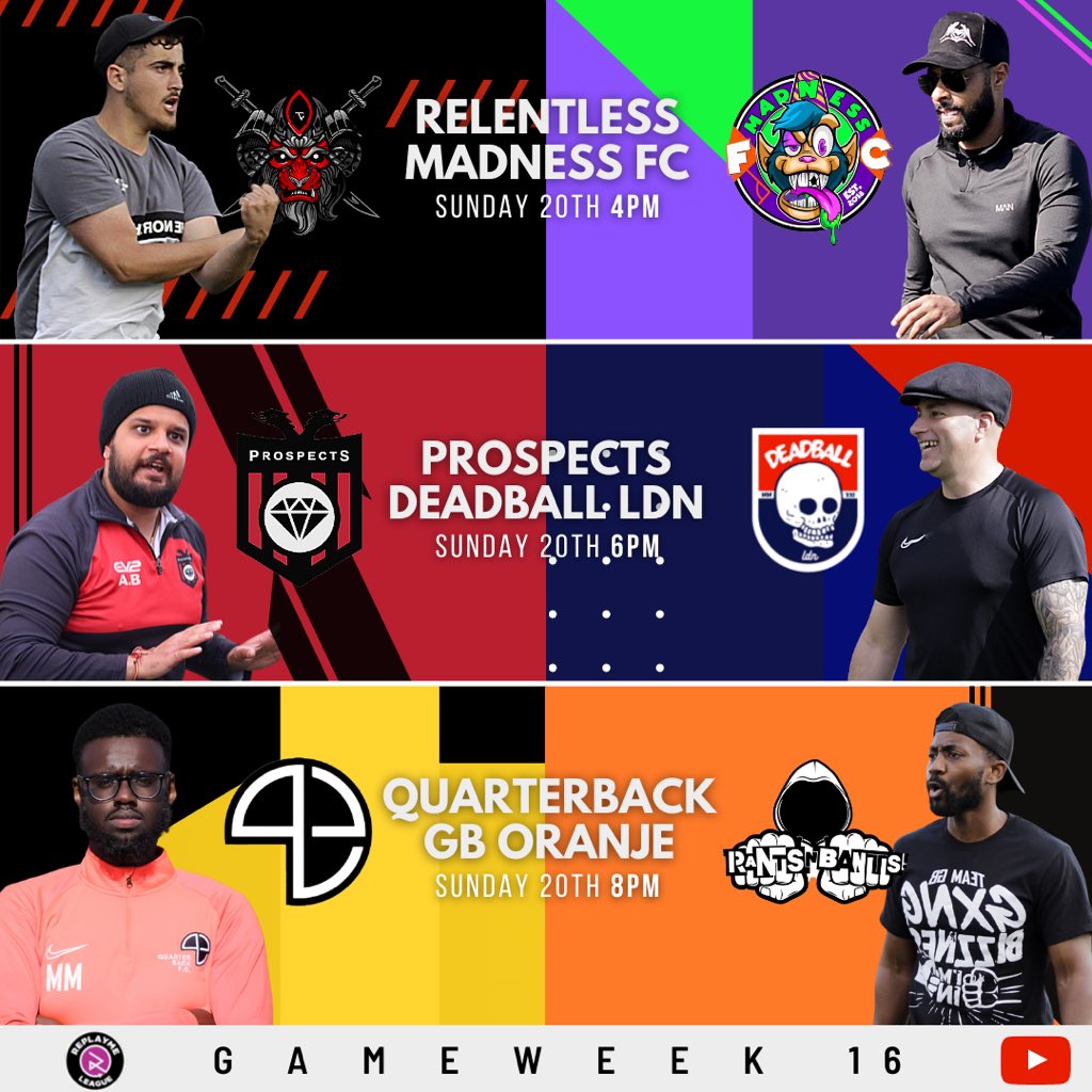 Official schedule for GW16 this weekend..

🇹🇷 Relentless 🆚 Madness FC 🟣
🇦🇱 Prospects 🆚 Deadball LDN 🔵
🟡Quarterback FC 🆚 GB Oranje 🟠

📍 Enfield Playing Fields