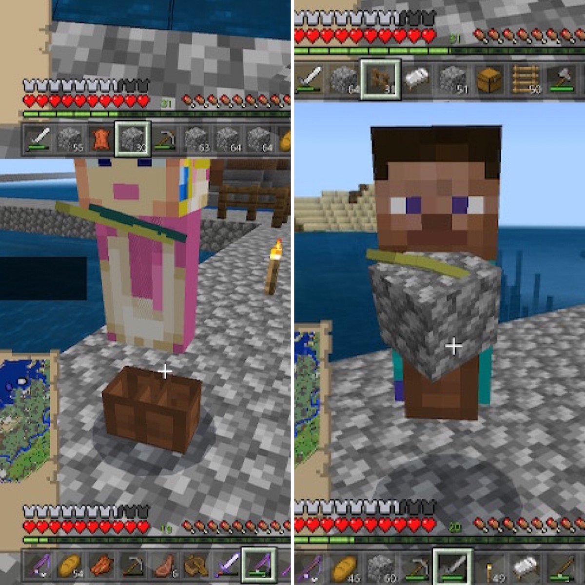 あや 昨日は子供達と3人でマイクラしたけどラグいのとバグが酷かったー 娘のキャラクターの腕が反対になっててそのままやってたら手足無くなって私もいつの間にか手足無くなっておじさんのキャラクターになってたし 手足ないから手に持ってる物は口