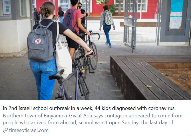 DavidLWindt's tweet image. "At least 44 kids at a middle school in northern #Israel have tested positive for coronavirus...in the second such outbreak at an Israeli school this week ... several adults who were infected in the school outbreaks were vaccinated"

timesofisrael.com/in-2nd-israeli…