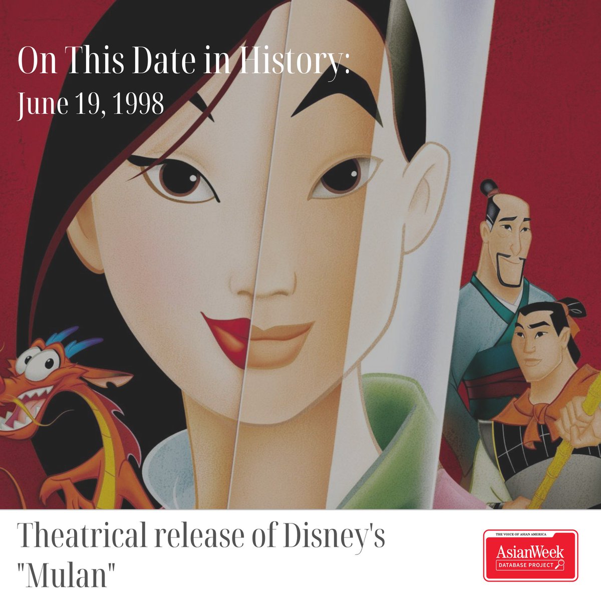 AsianWeekDB's tweet image. The 1998 animated film &quot;Mulan&quot; is based on the Chinese poem &quot;The Ballad of Hua Mulan,&quot; making it the first Disney film to be based on a legend; the first Disney Princess film featuring a character of East Asian descent.