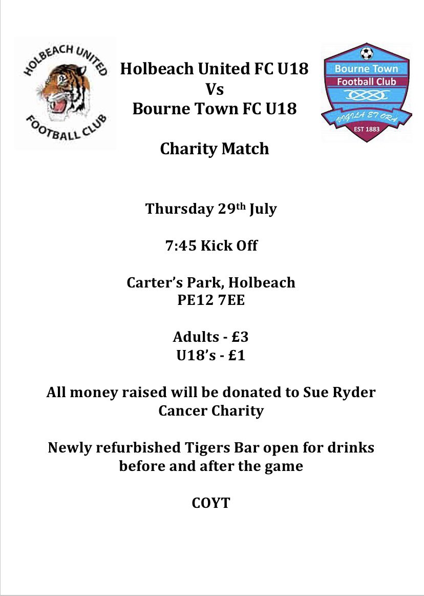 united_u18s's tweet photo. **FINAL GAME**

Come down to Carter’s Park to support out lads for one Final Match.

All money raised will go towards Sue Ryder Cancer Charity.

Players from past and present in @stuartclark001 12 years of coaching will be playing so make sure to come down and support us! 🐯🐯🐯 https://t.co/F8Alpf9Epz