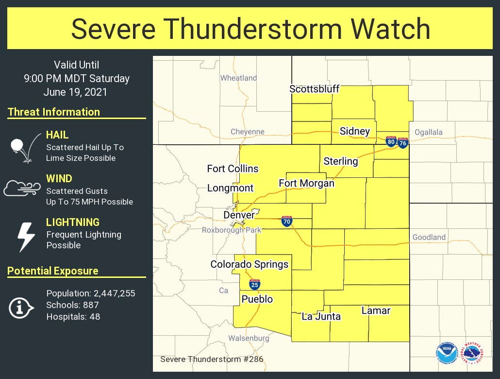 NWSBoulder's tweet photo. A severe thunderstorm watch has been issued for parts of Colorado and Nebraska until 9 PM MDT https://t.co/LuTppqjczM
