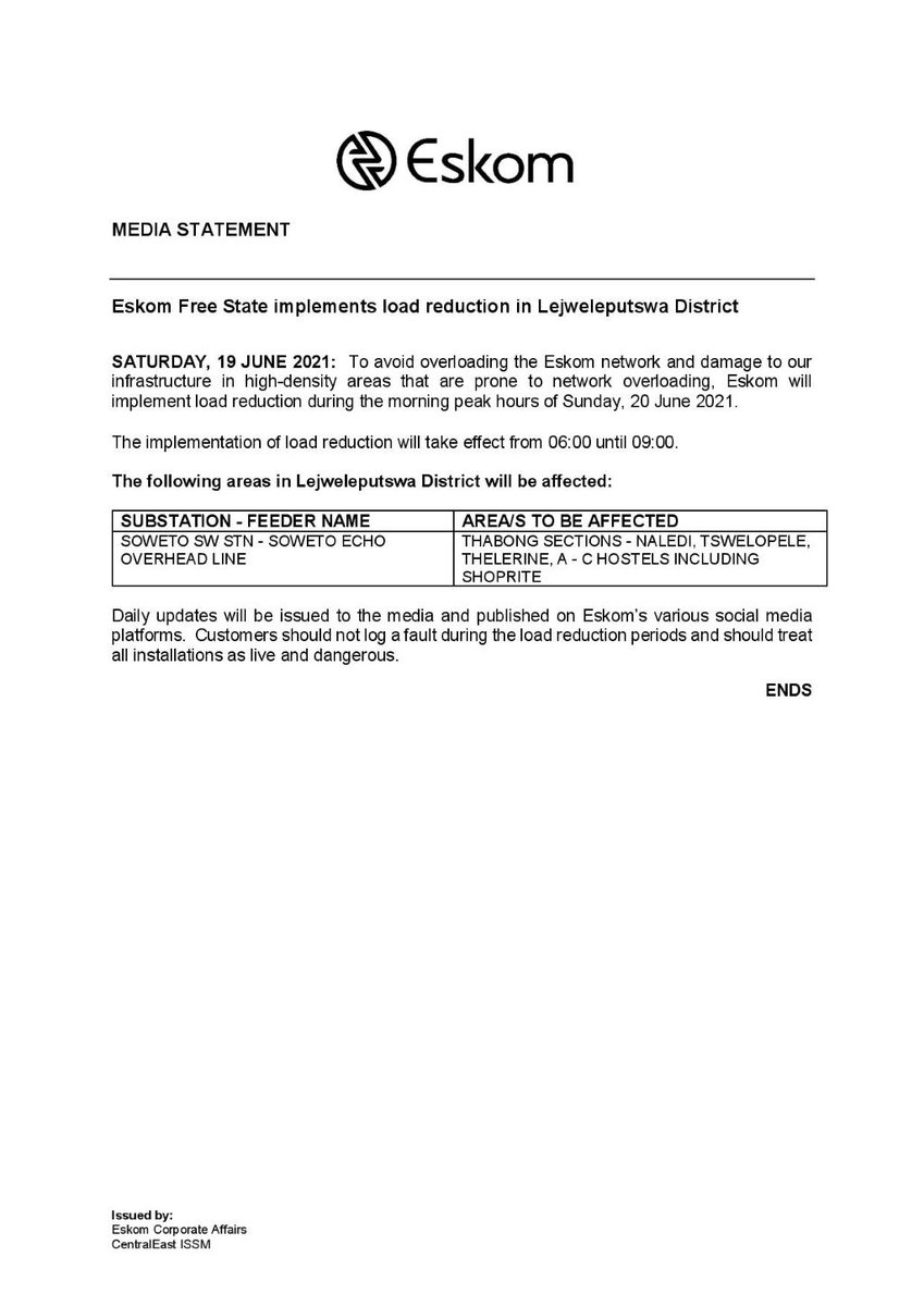 Eskom_SA's tweet photo. Eskom Load Reduction Notice

Date: 19 June 2021

#EskomFreeState #EskomGauteng #EskomKZN 

Please see below, provincial statements with details and areas that will be affected by load reduction tomorrow morning, from 05:00 to 09:00. https://t.co/DA3so2i97R