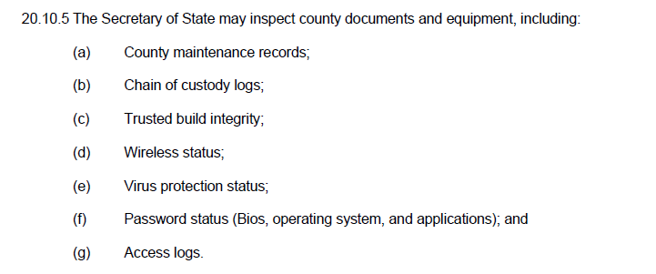 Ar_Chroi's tweet image. 1/ The Colorado Sec. of State has decided to issue an election rule that no CO county may allow a 3rd party audit of the elections. 

Under CO law (8 CCR 1505-1 Rule 20.10.5  the SoS "may" perform inspections of county election documents and equipment.