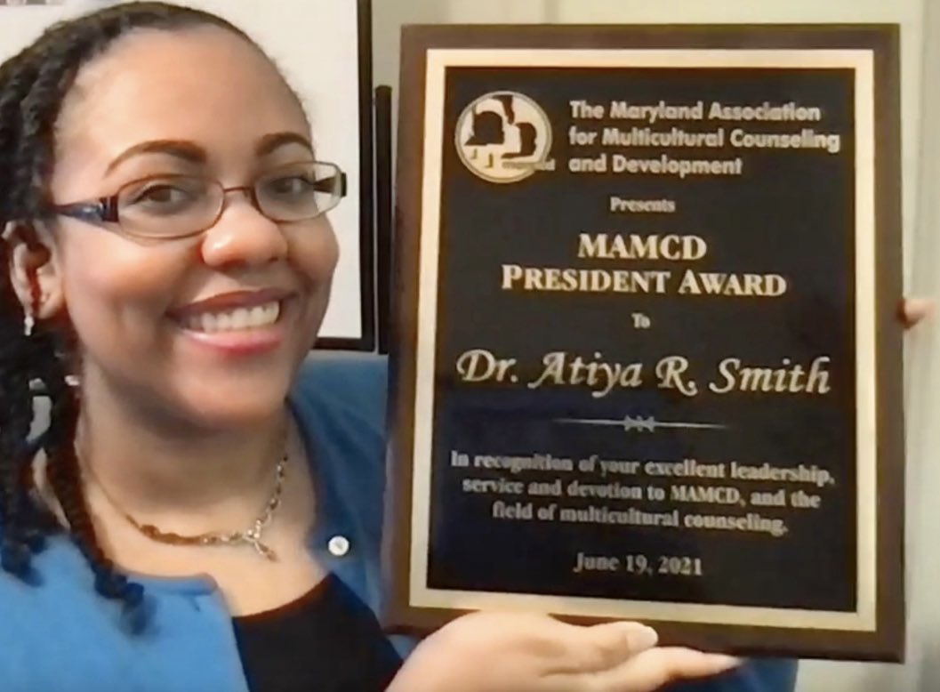 MarylandAMCD's tweet photo. Congratulations to the 2021 recipient of the “MAMCD President Award”, Dr. Atiya R. Smith! 🎉 Dr. Smith: We want to recognize you for your excellent leadership, consistent service, and unwavering dedication not only to MAMCD, but also to the field of multicultural counseling. https://t.co/N0A3L8yMMQ