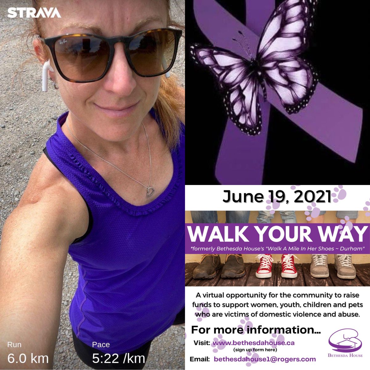 Today I am so proud &amp; thankful to be able run in support of Bethesda House’s Walk Your Way. 6kms ... one for each year since I found the strength &amp; courage to break the silence 💜 <a href="/BethesdaHouseON/">Bethesda House</a> 
#walkyourway #bethesdahouse #enddomesticviolence #loveshouldnthurt
