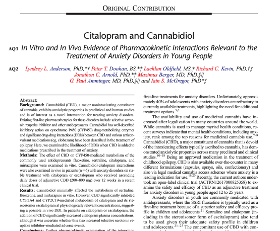 Antidepressant-CBD interactions examined in latest pub @Lambert_Usyd Evidence that #CBD increases citalopram/escitalopram concentrations in vivo via CYP2C19 inhibition. Great work Lyndsey Anderson, @RichardKevinPhD and our friends @orygen_aus https://t.co/XOGfR3s0Rv https://t.co/h9CENteF9F