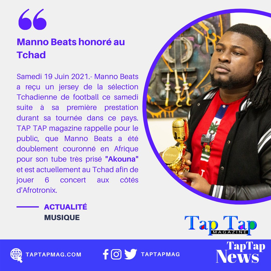 taptapmag's tweet photo. @mannobeats a reçu un jersey de la sélection Tchadienne de football ce samedi suite à sa première prestation durant sa tournée dans ce pays.  

@AfrotroniX001 @VoxSambou @BotaWany @jhanedouze https://t.co/NN2Xorhjgq