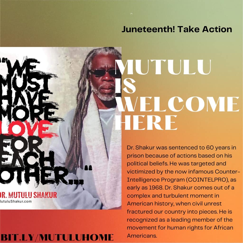 MxgmAtlanta's tweet photo. In honor of #Juneteenth, We recommit our duty to #FreeEmALL! Sign the new petition to grant clemency for Baba #MutuluShakur! https://t.co/mjwwibsaXM #MutuluIsWelcomeHere #MutuluHome #Steadfast https://t.co/HMUYo59kTz