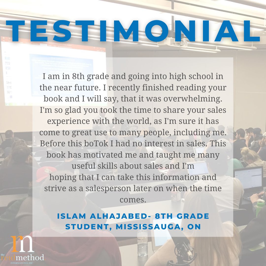 TheReidMethod's tweet image. This testimonial meant a lot to me when I received it 🙏🏻It came from a young student who was inspired to peruse a career in sales after reading #TheReidMethod 🙌🏻To get your copy of #TheReidMethod today hit the link below 👍🏻