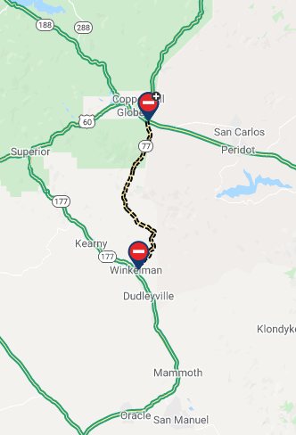 ArizonaDOT's tweet image. REMINDER: SR 77 remains closed from Globe to Winkelman due to the #TelegraphFire.