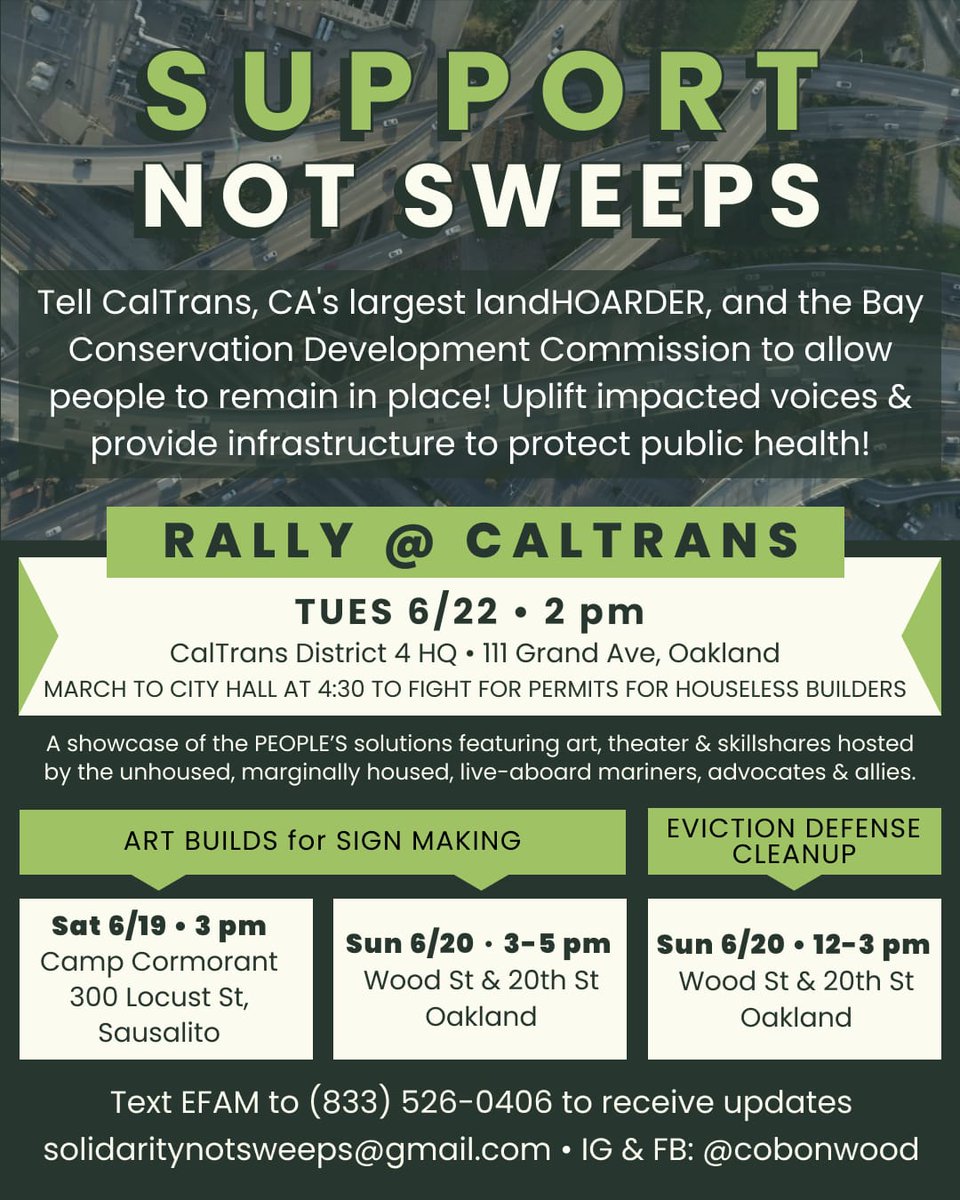 ArtistsBuilding's tweet photo. RALLY ANNOUNCEMENT STOP THE SWEEPS!!!!! 
UNITED WE ARE FIGHTING FOR OUR RIGHTS ACROSS THIS STATE!!
Come out to show your SUPPORT in standing up against CalTrans alongside unhoused community leaders!! 
RALLY 6/22 @ 2 PM, 111 Grand Ave, Oakland
#Oakland @Unhoused #Housing https://t.co/XrXT6NqWYt