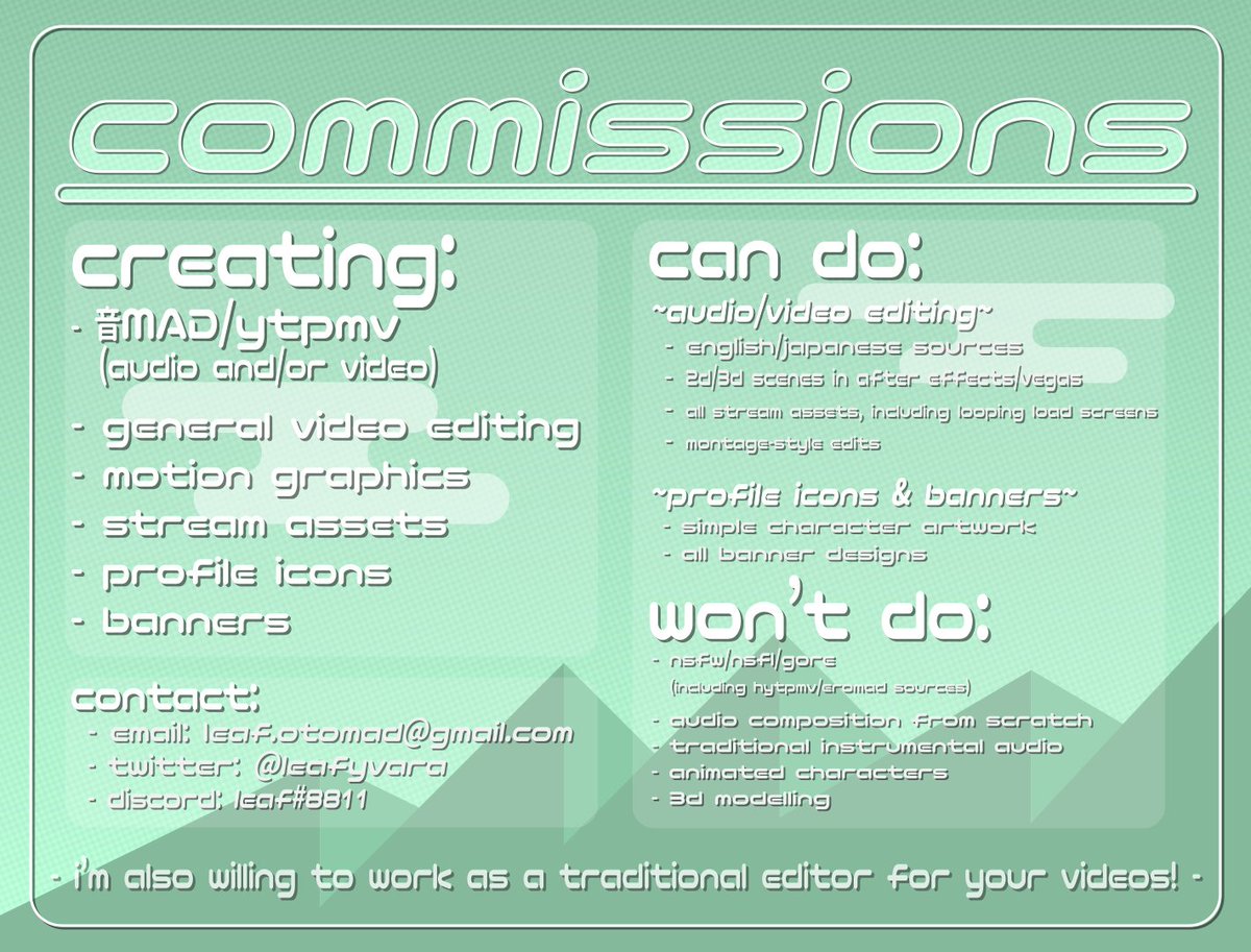 leafyvara's tweet photo. ~ commissions are officially open! ~

simply message me anywhere i've listed and i'll do my best to respond as soon as possible^^
https://t.co/ulKLXMhXFN https://t.co/G9lKEH92Dm