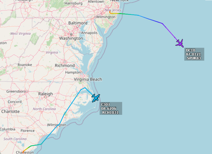 SirListenalot's tweet photo. #KC10 #AE0233 as #SPUR83 on a round trip out of McGuire via ISLES - MARIG - BOVIC, likely for AR with (M)#C130 #AE29D3 as #RCH1031 out of Charleston https://t.co/HRkLZE0ueS