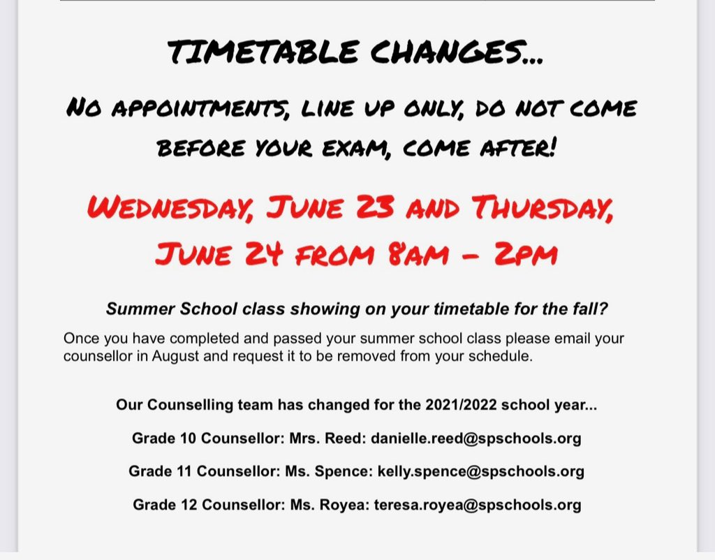 KprincipalP's tweet photo. Current grade 10 and 11 students were provided with a copy of their 2021-2022 timetable today. Instructions for timetable adjustments are included in the photo. https://t.co/s8dvuVKP2w