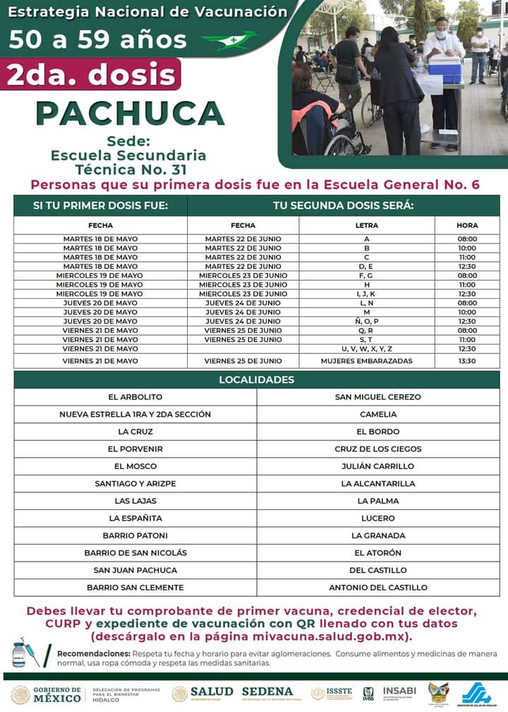 Salud_Hidalgo's tweet photo. #Convocatoria #2daDosis
En #Pachuca dará inicio la aplicación de la 2da. dosis de la #Vacuna contra la #Covid-19 para personas de 50 a 59 años a partir del próximo 22 de junio.
Verifica las sedes y horarios 👇
Recuerda que la vacuna es segura.
Completa tu esquema de vacunación. https://t.co/Ti8m5xY1dx