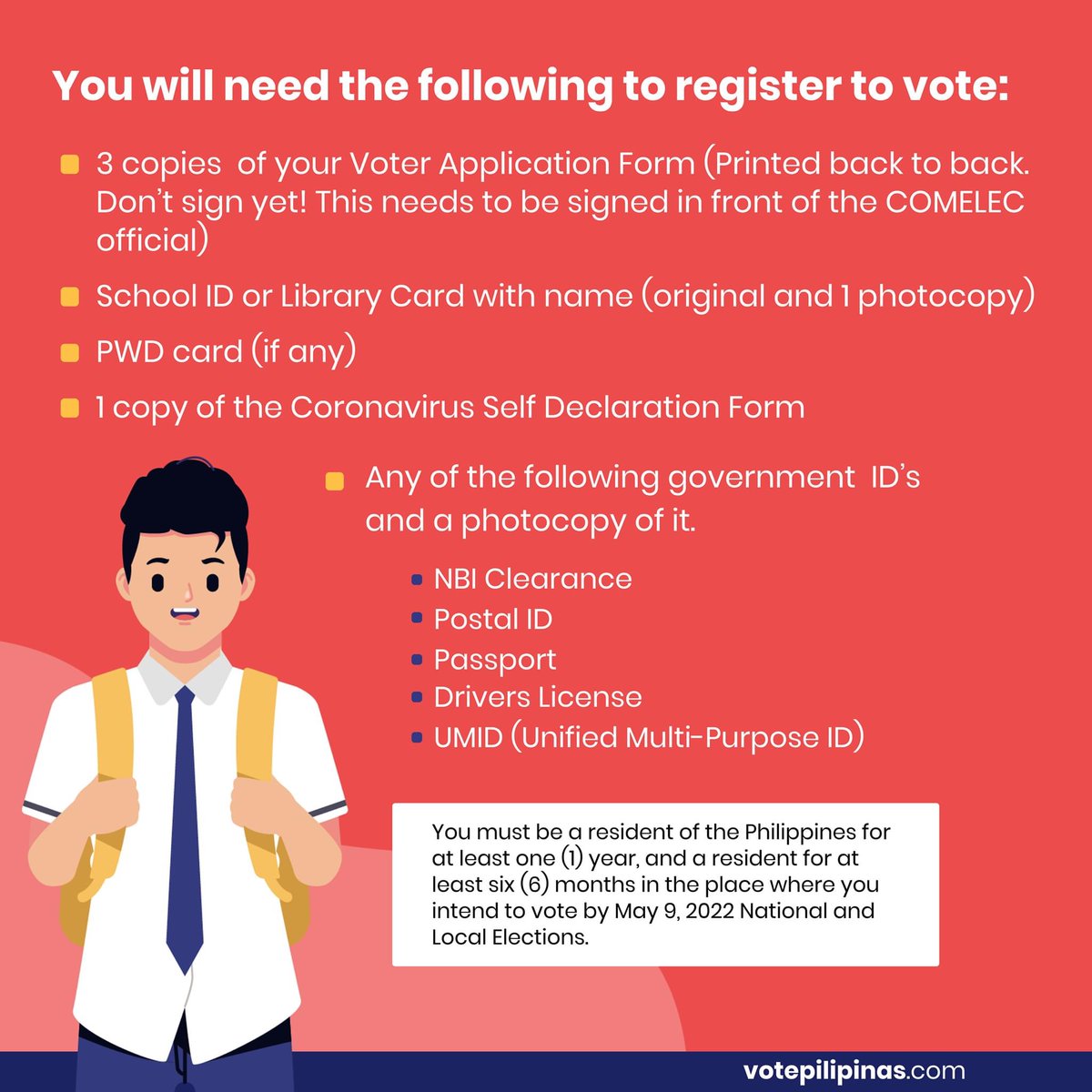 VotePilipinas's tweet photo. 𝗩𝗢𝗧𝗘𝗥 𝗣𝗥𝗢𝗙𝗜𝗟𝗘𝗦: Requirements to register per voter category. You may take the 𝗩𝗼𝘁𝗲𝗿 𝗥𝗲𝗴𝗶𝘀𝘁𝗿𝗮𝘁𝗶𝗼𝗻 𝗦𝗲𝗿𝘃𝗶𝗰𝗲 𝗧𝗲𝘀𝘁 at https://t.co/GBUVryWHxO or visit https://t.co/jvECrEyRsp.

#MagpaRehistroKa #VotePilipinas #ParaSaBayan #Eleksyon #Comelec https://t.co/eGRZx2LK6z