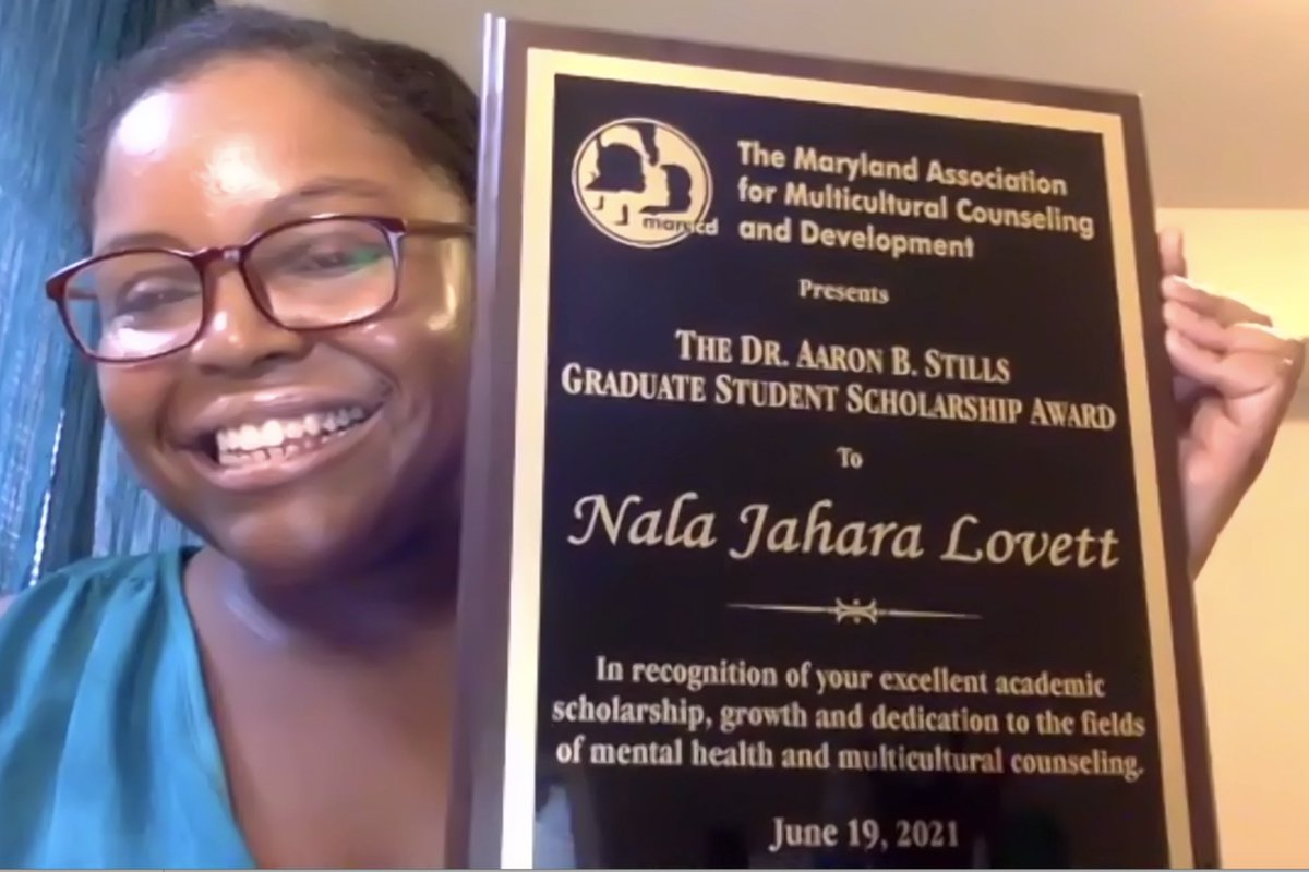 MarylandAMCD's tweet photo. Congratulations to the 2021 recipient of the “Dr. Aaron B. Stills Graduate Student Scholarship Award”, Ms. Nala Jahara Lovett - a graduate student in the Counseling program at @BowieState 🎉. Nala: Congrats on your excellent academic scholarship and dedication to the field! https://t.co/nsEHvUmhpA