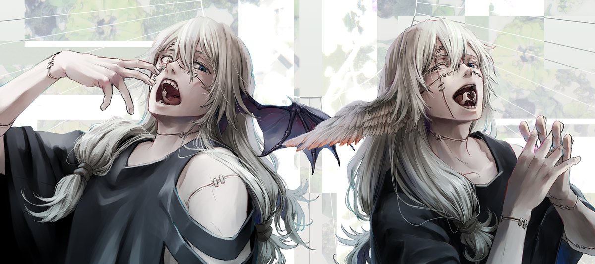 long hair open mouth shirt yawning stitches black shirt upper body  illustration images