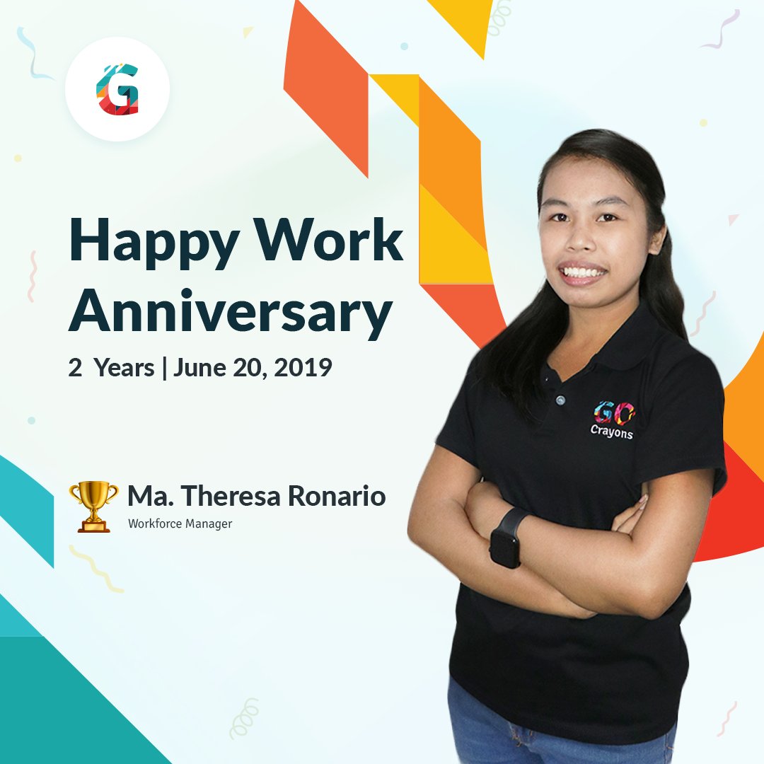 gocrayonsteam's tweet photo. Happy 2nd Work Anniversary Mrs. Christine Causaren and Ms. Theresa Ronario! 

We wanted to thank you for your hard work and the loyalty you have shown towards our organization. Kudos to you both! https://t.co/irHAQlbwUO