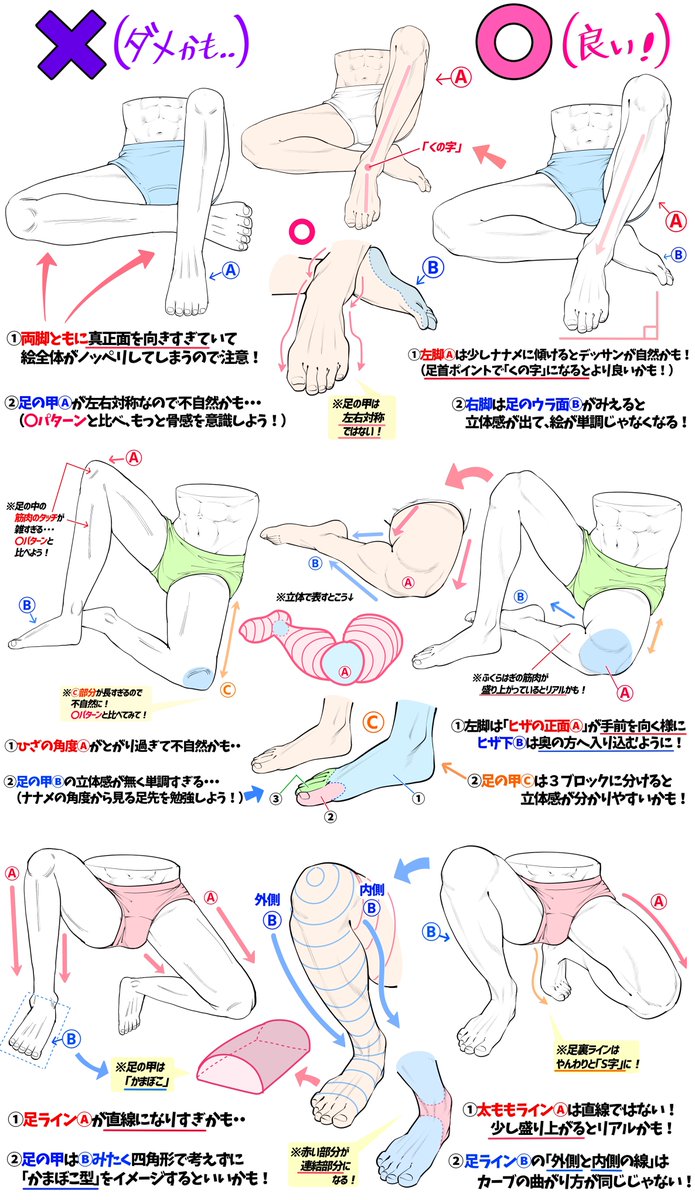 『男性の足の曲げ方と筋肉の膨らみ図解』 