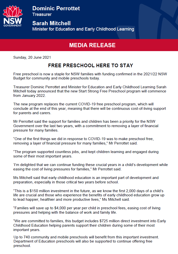 Dom_Perrottet's tweet photo. When COVID hit, we introduced free #preschool in NSW. Instead of letting it wind up in December, we're keeping it on.

It's all about helping mums and dads balance work and family, and giving kids the best start in life. https://t.co/ZCFv5uYaXO