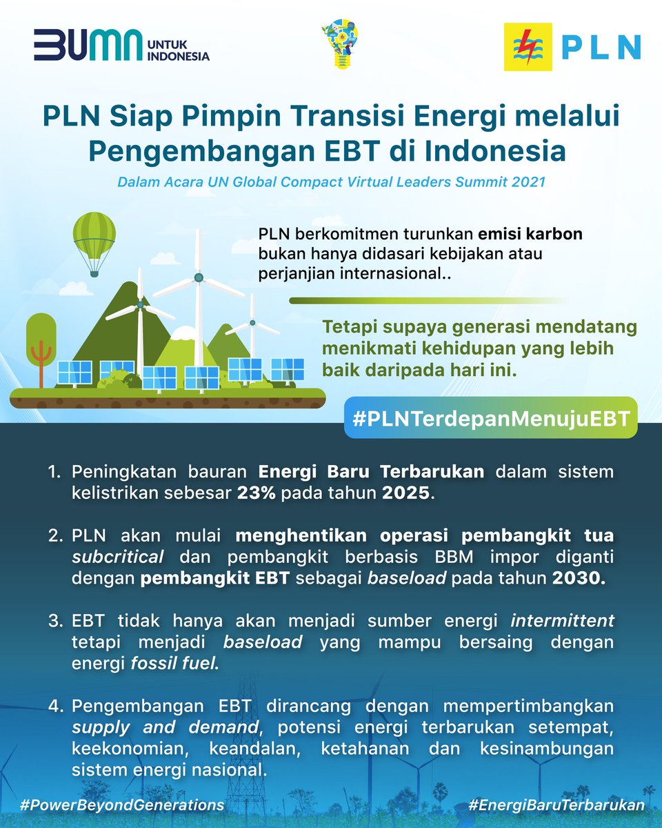 _pln_id's tweet photo. #PLNTerdepanMenujuEBT 

PLN siap memimpin transisi energi melalui pengembangan #EnergiBaruTerbarukan (EBT) dalam sektor ketenagalistrikan di Indonesia. 

Ini kami lakukan, agar generasi mendatang dapat menikmati kehidupan yang lebih baik dari hari ini.

#PLN #PLNGreen https://t.co/QD51to5b3e