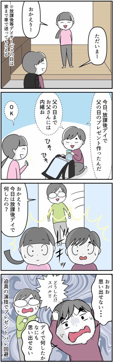 #漫画が読めるハッシュタグ 
#自閉症スペクトラム
#特別支援学級
#放課後等デイサービス 
#父の日

結局ソワソワしすぎてサプライズと言う重圧に苦しんでいたので、父の日を待たずに渡してしまいました(笑) 