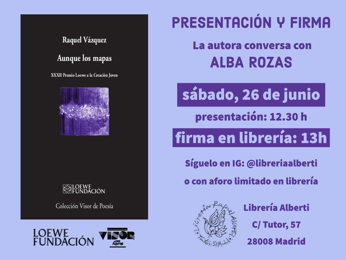 El próximo sábado 26 estaré en la @LibreriaAlberti (#Madrid) para firmar y presentar #Aunquelosmapas (@VisorLibros). 15 meses después será ¡la primera presentación presencial que podemos hacer del libro! La presentación tendrá aforo limitado, pero no así la firma. ¡Os espero! 🥰