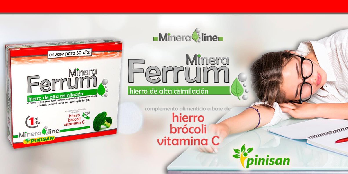 👋🏼 Despídete del cansancio 🥱 con #MineraFerrum de #Pinisan: hierro de alta asimilación sin efectos adversos, complementado con brócoli y vitamina C 🥦🍊

💪🏼 El hierro contribuye al fun­cionamiento normal del sis­tema inmunitario,  a la for­mación normal de glóbulos rojos