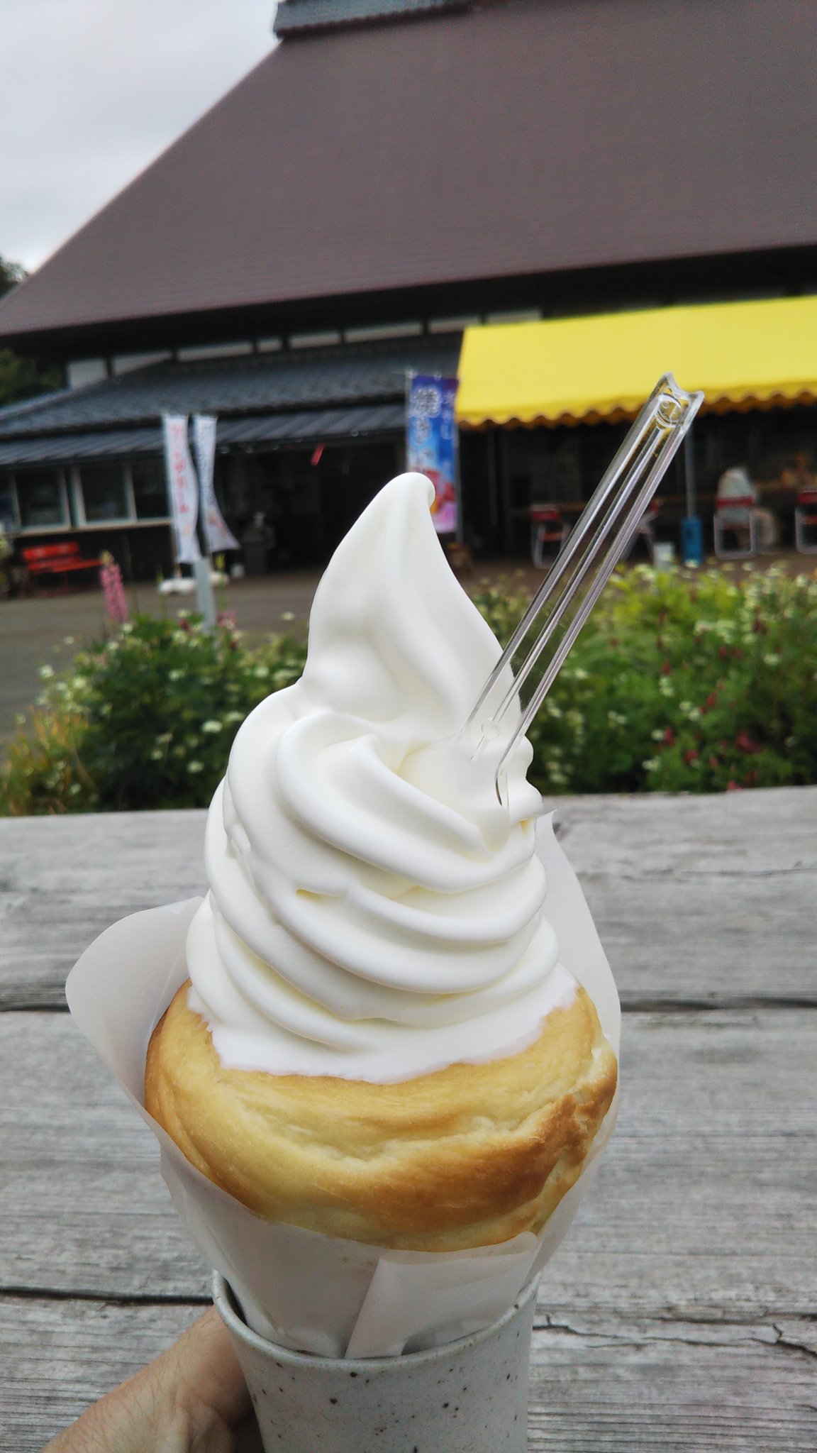 ガーベラ 道の駅わしま で ガンジーソフトクリームの米粉コロネ食べた 温かくてパリパリのコロネに が載ってる 美味しかった これが今日のランチ笑 米粉コロネソフトクリーム ガンジーソフトクリーム T Co I0oirs0s Twitter