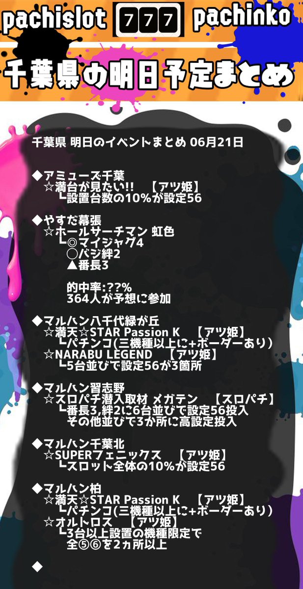 赤坂 パチスロ プログラミング على تويتر 千葉県 06月21日 明日のスロットイベントまとめ 毎日前日17時配信 アミューズ千葉 やすだ幕張 マルハン八千代緑が丘 マルハン習志野 マルハン千葉みなと マルハン千葉北 スロット 千葉県 詳細はこちら T Co 赤坂 パチスロ プログラミング على تويتر 千葉県 06月21日 明日のスロットイベントまとめ 毎日前日17時配信 アミューズ千葉 やすだ幕張 マルハン八千代緑が丘 マルハン習志野 マルハン千葉みなと マルハン千葉北 スロット 千葉県 詳細はこちら T Co