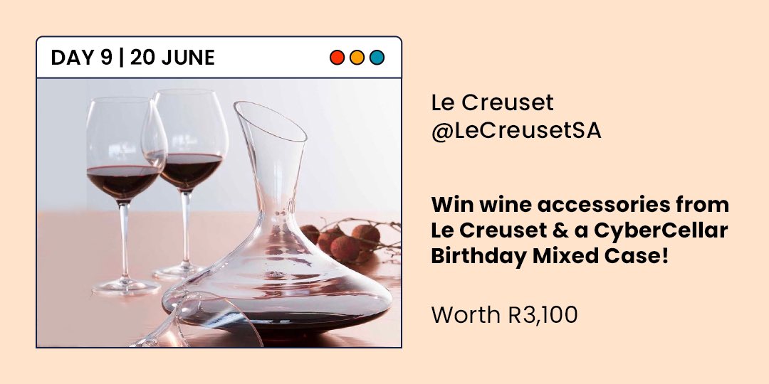 DAY 9: Le Creuset
 
WIN wine accessories from Le Creuset &amp; a CyberCellar Birthday Case worth R3 100!
 
Simply:
1. Follow us and <a href="/LeCreusetSA/">LeCreusetSA</a>
2. Retweet this post with the hashtag #CyberCellarBirthday
 
Keep an eye out for the winner to be announced tomorrow!