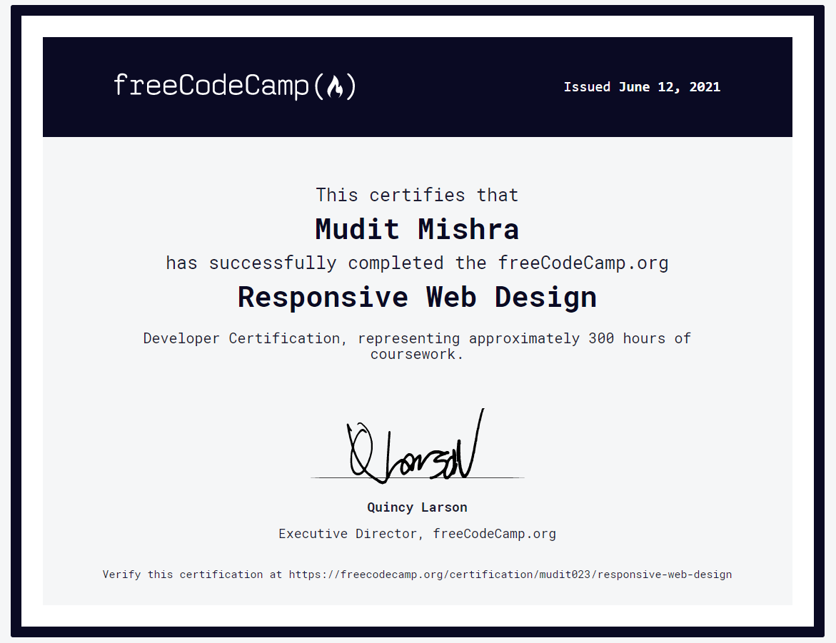 muditwt's tweet photo. I got the certificate a few weeks ago, but I didn’t want to share just the certificate. I want to share with you all the challenges I faced as a beginner and the things I learned.

A thread🧵

#100DaysOfCode #100daysofcodechallenge #CodeNewbies #freeCodeCamp @freeCodeCamp @ossia https://t.co/wQDA4A4bQF