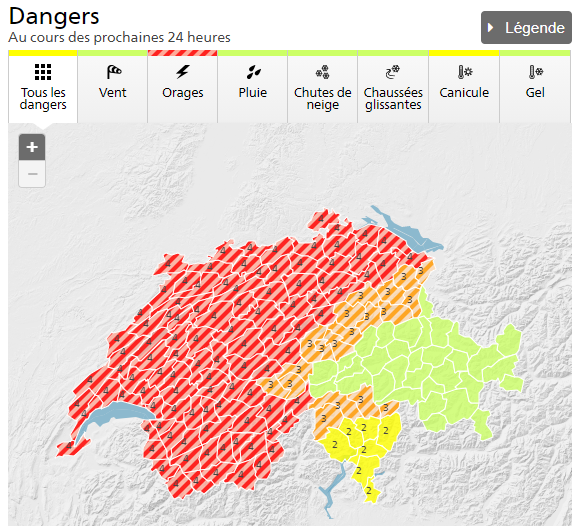 meteosuisse's tweet photo. Alerte de la Confédération de niveau 4 sur 4 : orages violents possibles. Infos complémentaires &amp; recommandations sur le comportement à adopter sur https://t.co/RmV5FI4gzE, https://t.co/cszrZvupvV ou l'App MétéoSuisse.  https://t.co/ZXOgFmcteo. #MétéoSuisse #alerteintemperies https://t.co/cbmQPsdNKM