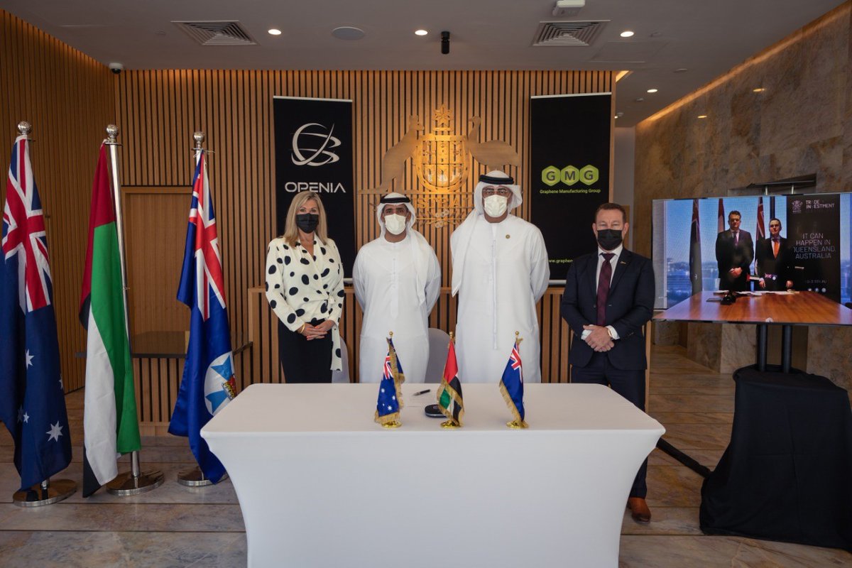 TIQ_UAE's tweet photo. A privilege to be hosted by @Expo2020Aus and have Ahmed Al Khatib, @AusCG_Expo2020 and @UAETradeCommish witness the signing of a Letter of Intent between QLD company Graphene Manufacturing Group Ltd and UAE company OPENIA for the exclusive distribution of THERMAL-XR®.  #tiq https://t.co/AFnvgQkLXg