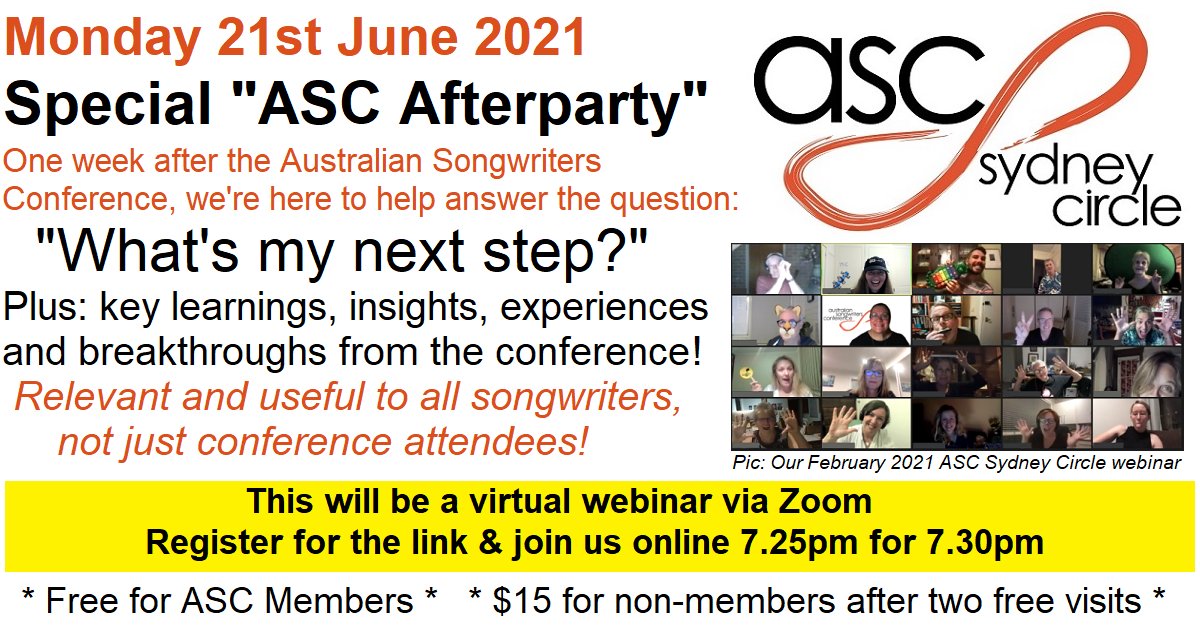 ASCSydneyCircle's tweet photo. Last weekend's #AustralianSongwritersConference was SO amazing! 
Stay inspired with tomorrow's #ASCSydneyCircle "ASC Afterparty" - let us help you answer the question "What's my next step?" so you can maintain the momentum in your #songwriting career!
 https://t.co/0cUnqXy9BD https://t.co/SMsg51gHyI