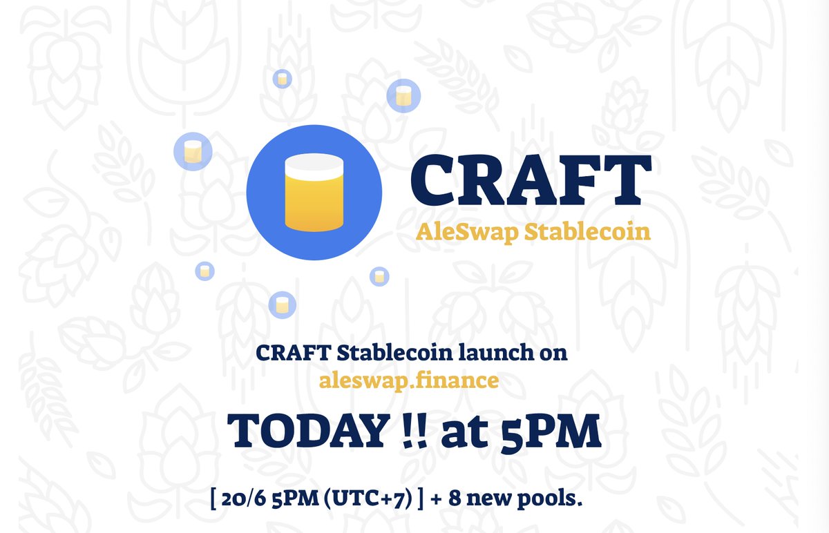 AleswapFinance's tweet photo. CRAFT Stablecoin launch on https://t.co/TDce3JgruH  TODAY !!! [ 20/6 5PM (UTC+7) ] + 8 new pools. https://t.co/HDBsKmzcJ5