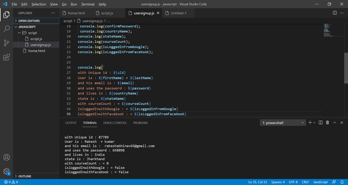Rkabhi7's tweet photo. Day-2 of javascript #2daysofcode #javascript 
🚩Learn more about variables and datatype.
🚩Learn how to take input from User.
🚩Learn how to create First User signup . 
#Nodejs #webdevelopment #151daysofcode https://t.co/FVEEWT7NgW